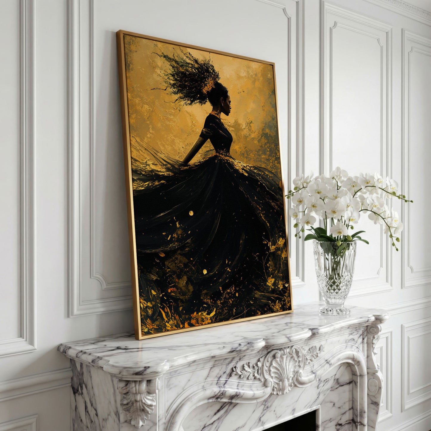 Surreal Black Woman in Profile Canvas Print in yellow gold floating frame