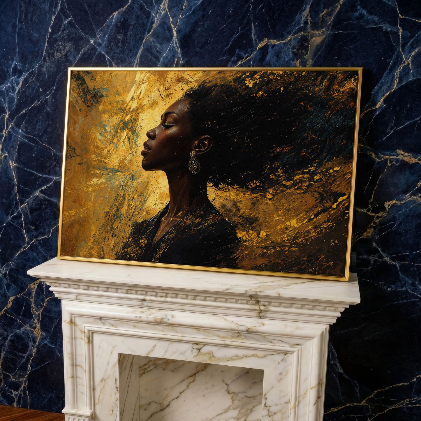 Elegant Black Woman Profile Canvas in yellow gold floating frame