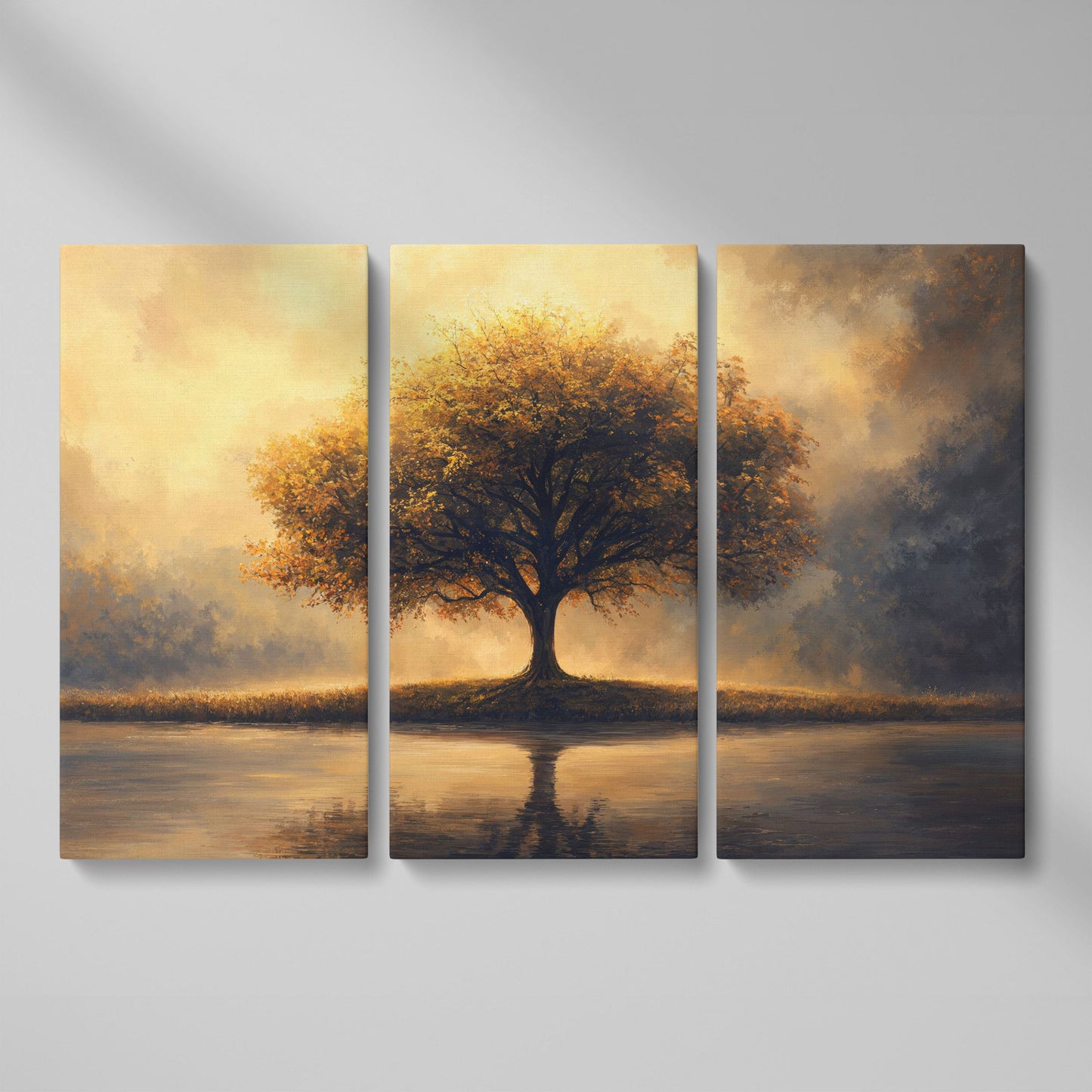 Solitary Tree on Reflective Lake Canvas as 3-panel split version
