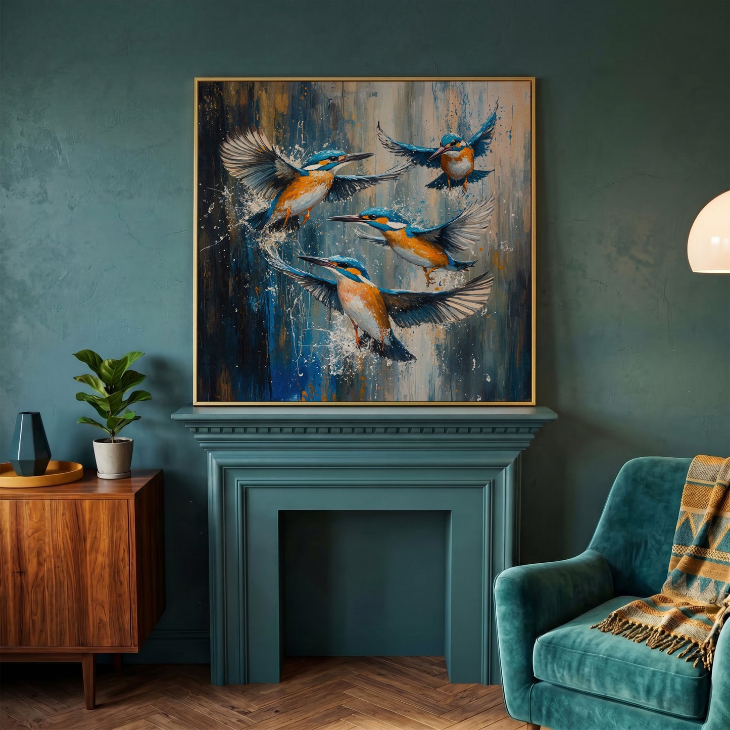 Kingfishers in Flight Canvas in yellow gold floating frame