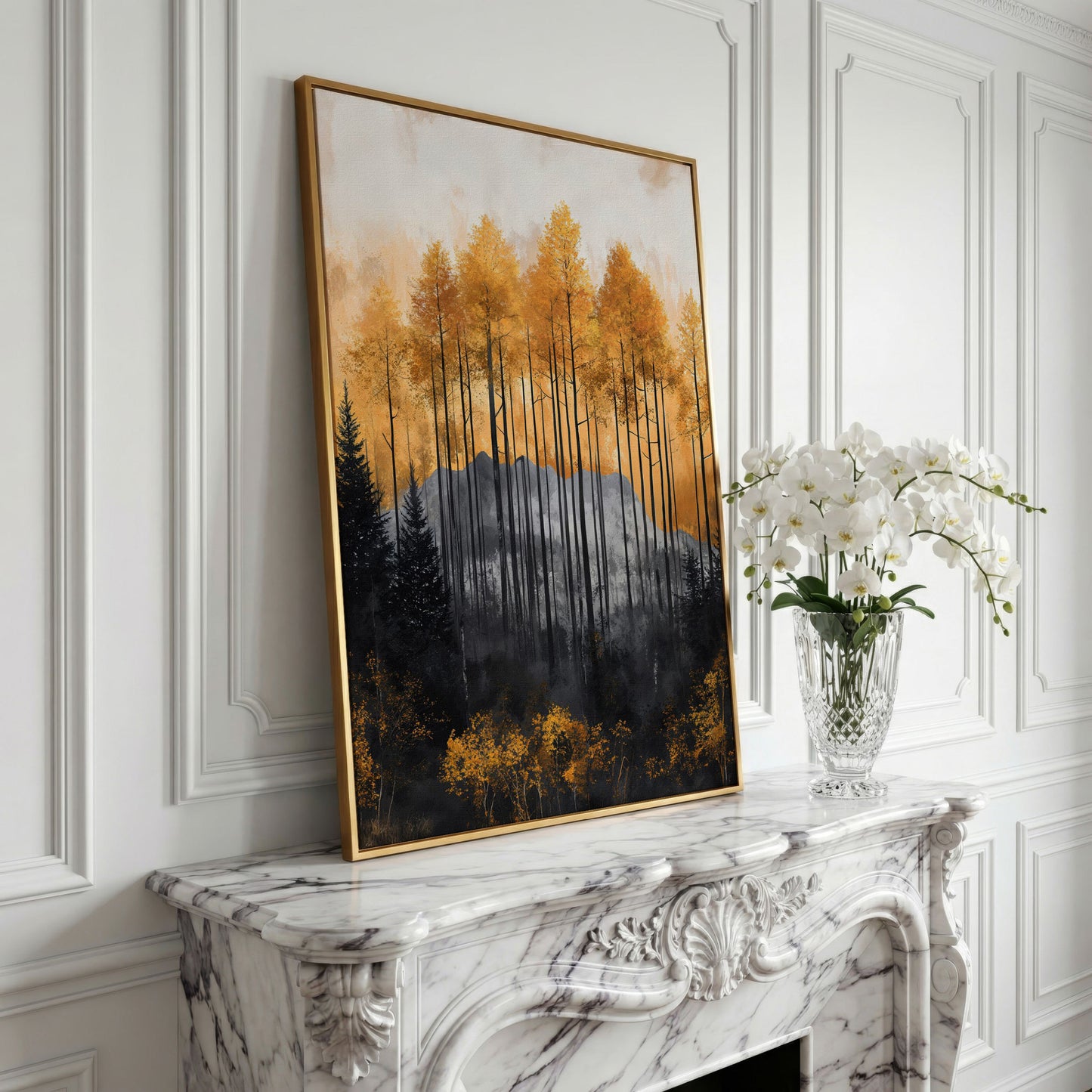 Abstract Forest Trees Canvas Print in Burnt Orange and Gray in yellow gold floating frame