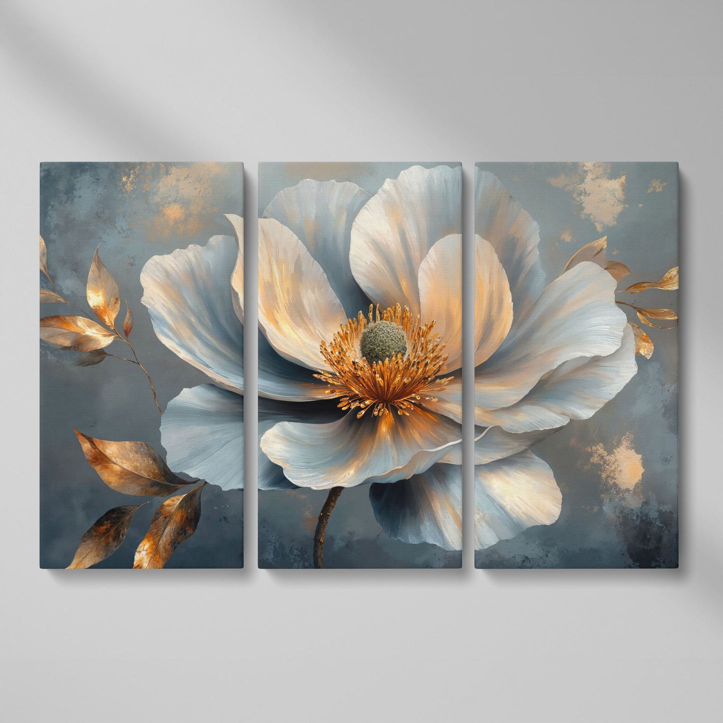 Abstract Floral Canvas in Gray and Gold as 3-panel split version