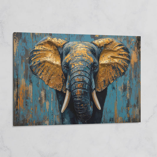 Elephant Portrait Canvas with Teal & Ochre on gallery wrap