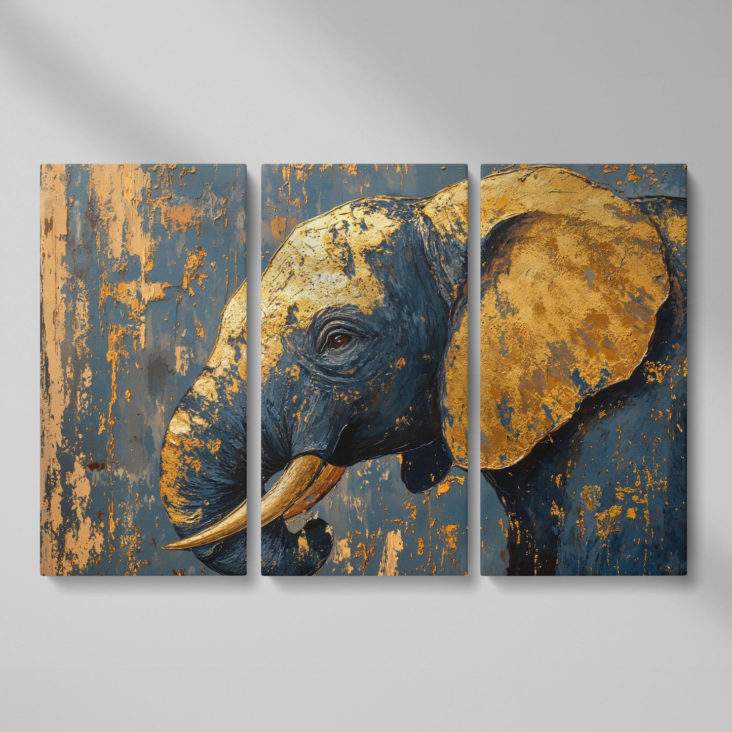 Blue and Gold Baby Elephant Portrait Canvas as 3-panel split version