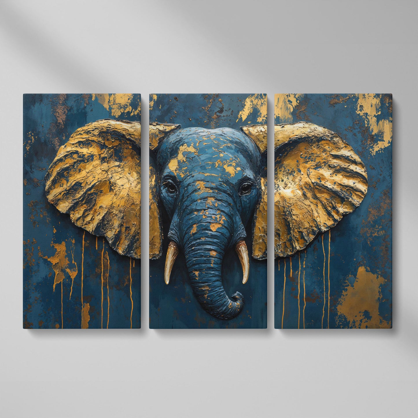 Elephant Portrait Canvas in Deep Teal and Gold as 3-panel split version