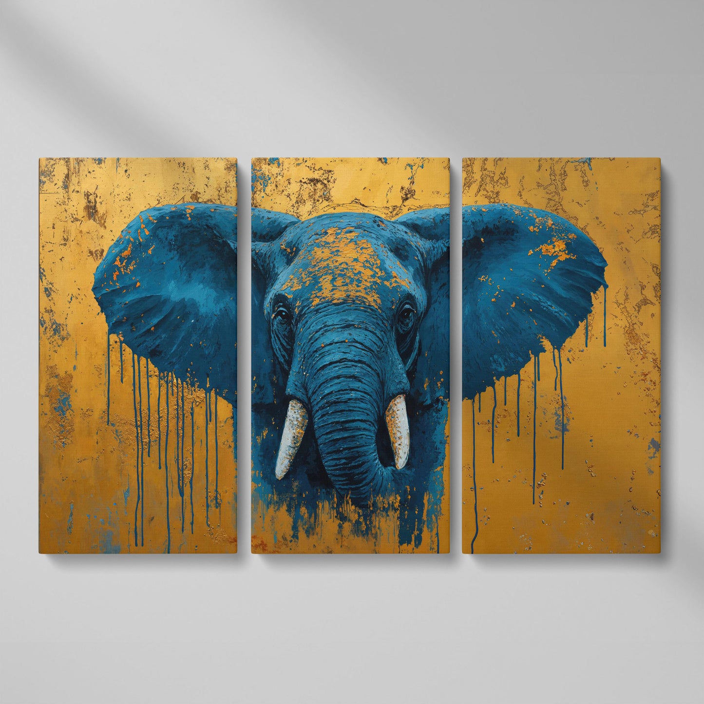 Blue Elephant Canvas Art with Drip Paint Detail as 3-panel split version