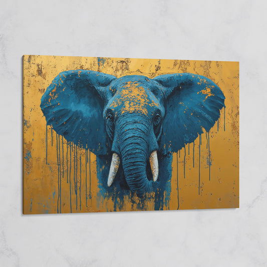 Blue Elephant Canvas Art with Drip Paint Detail on gallery wrap