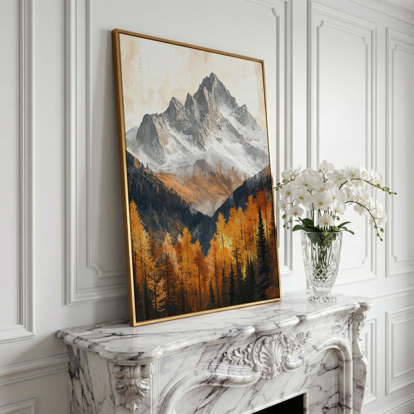 Autumn Mountain Landscape Canvas in yellow gold floating frame