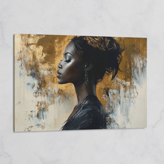 Black Woman Portrait Canvas Print in Gold and Ebony on gallery wrap