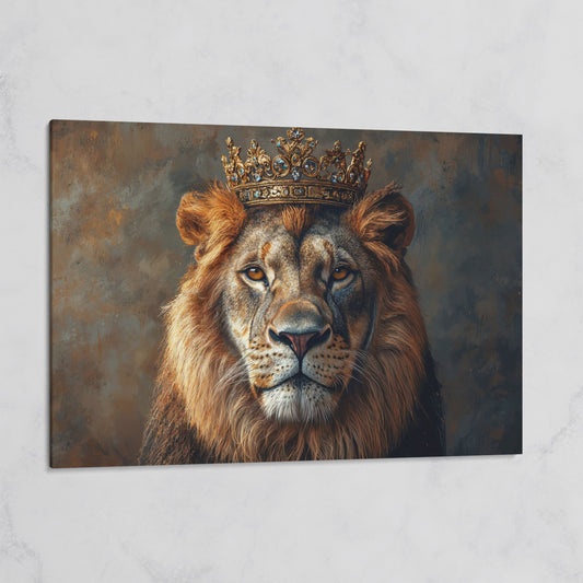 Lion with Crown Canvas Print. Animal Portrait in Gold on gallery wrap