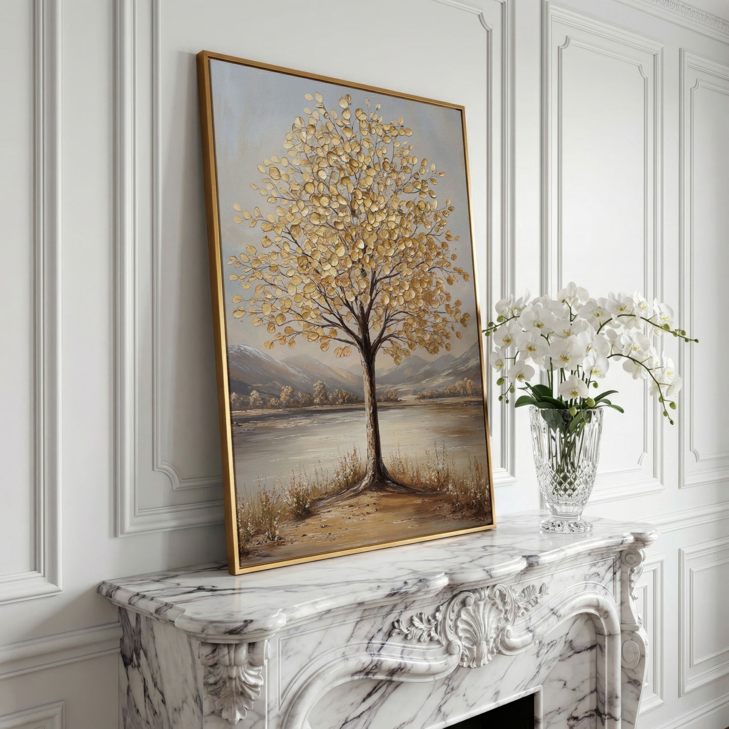 Golden Leaf Tree Canvas Print with Rocky Shore in yellow gold floating frame