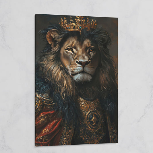 Crowned Lion Portrait Canvas Art, Royal Animal Wall Decor on gallery wrap
