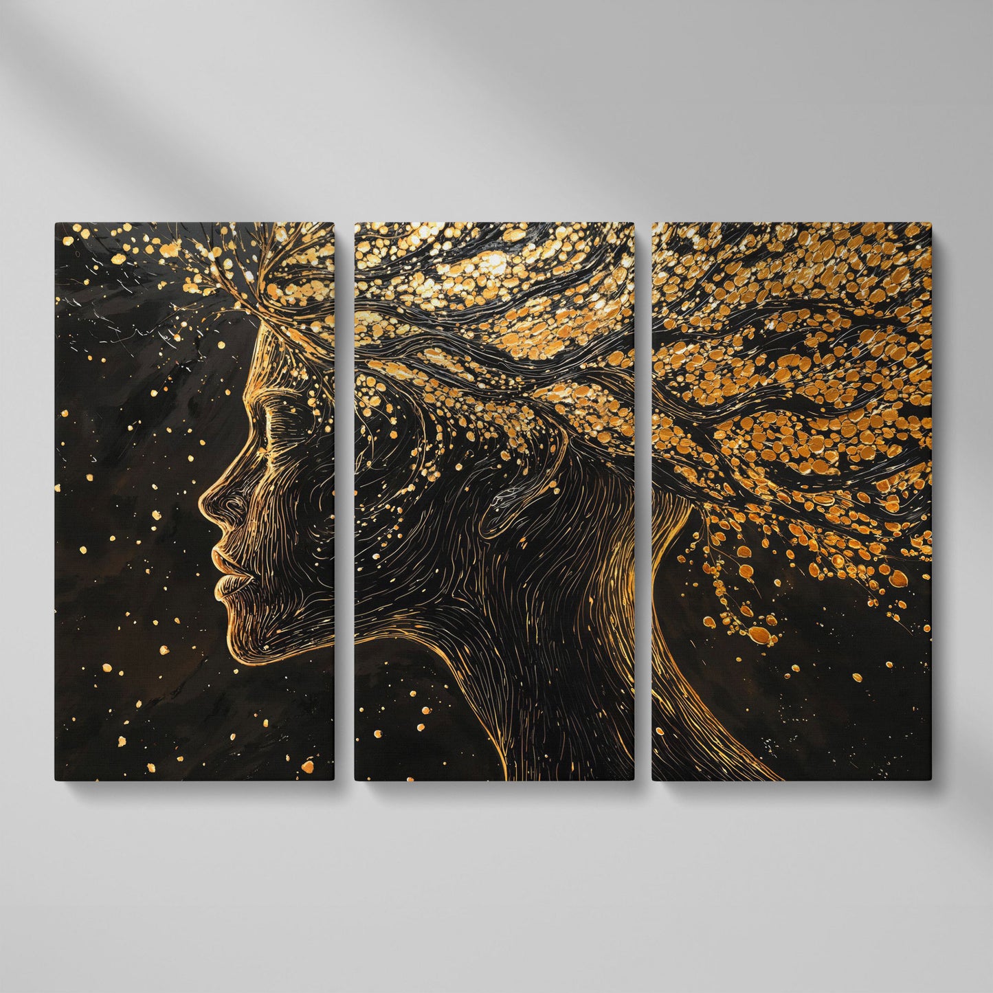 Surreal Woman Portrait with Black and Gold Line Art canvas as 3-panel split version