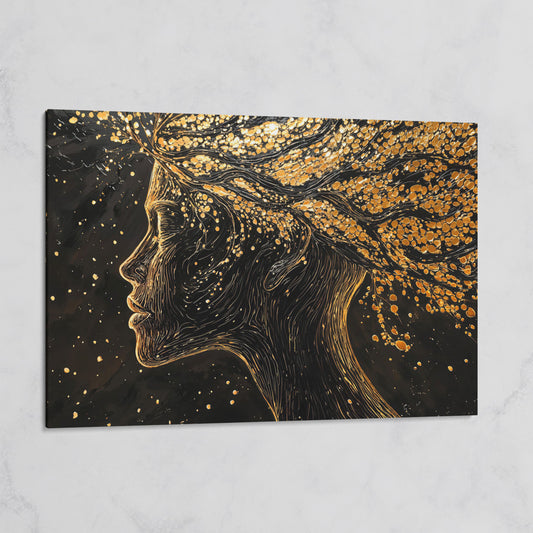 Surreal Woman Portrait with Black and Gold Line Art on gallery wrap canvas
