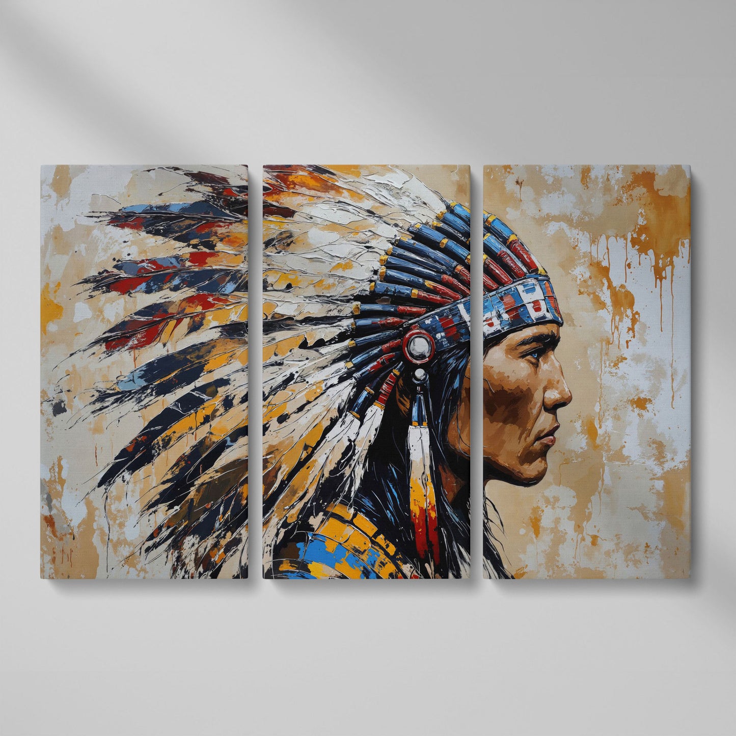 American Indian Chief Canvas Print with Tribal Headdress as 3-panel split version