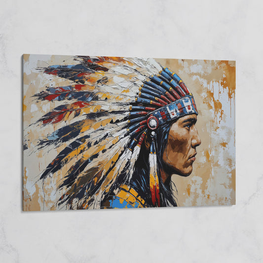 American Indian Chief Canvas Print with Tribal Headdress on gallery wrap