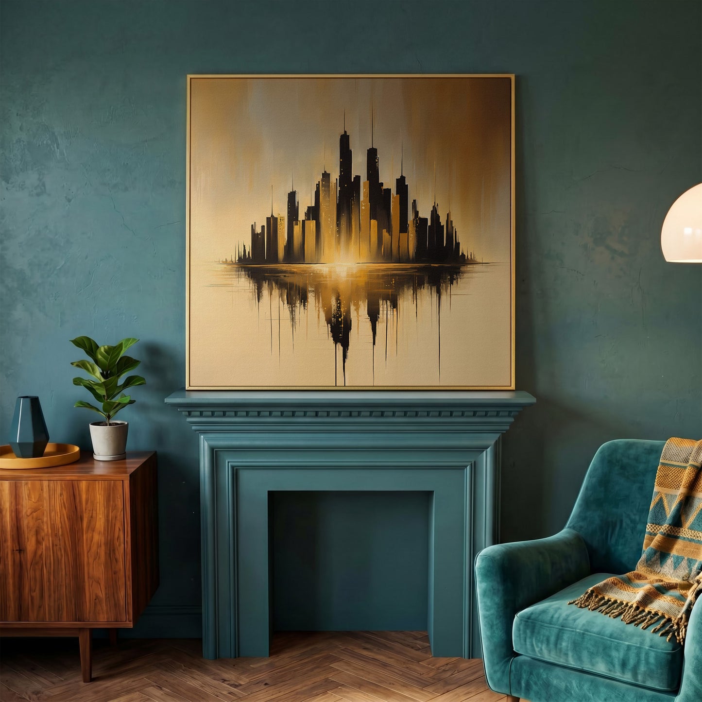 Urban Skyline Canvas Print in yellow gold floating frame