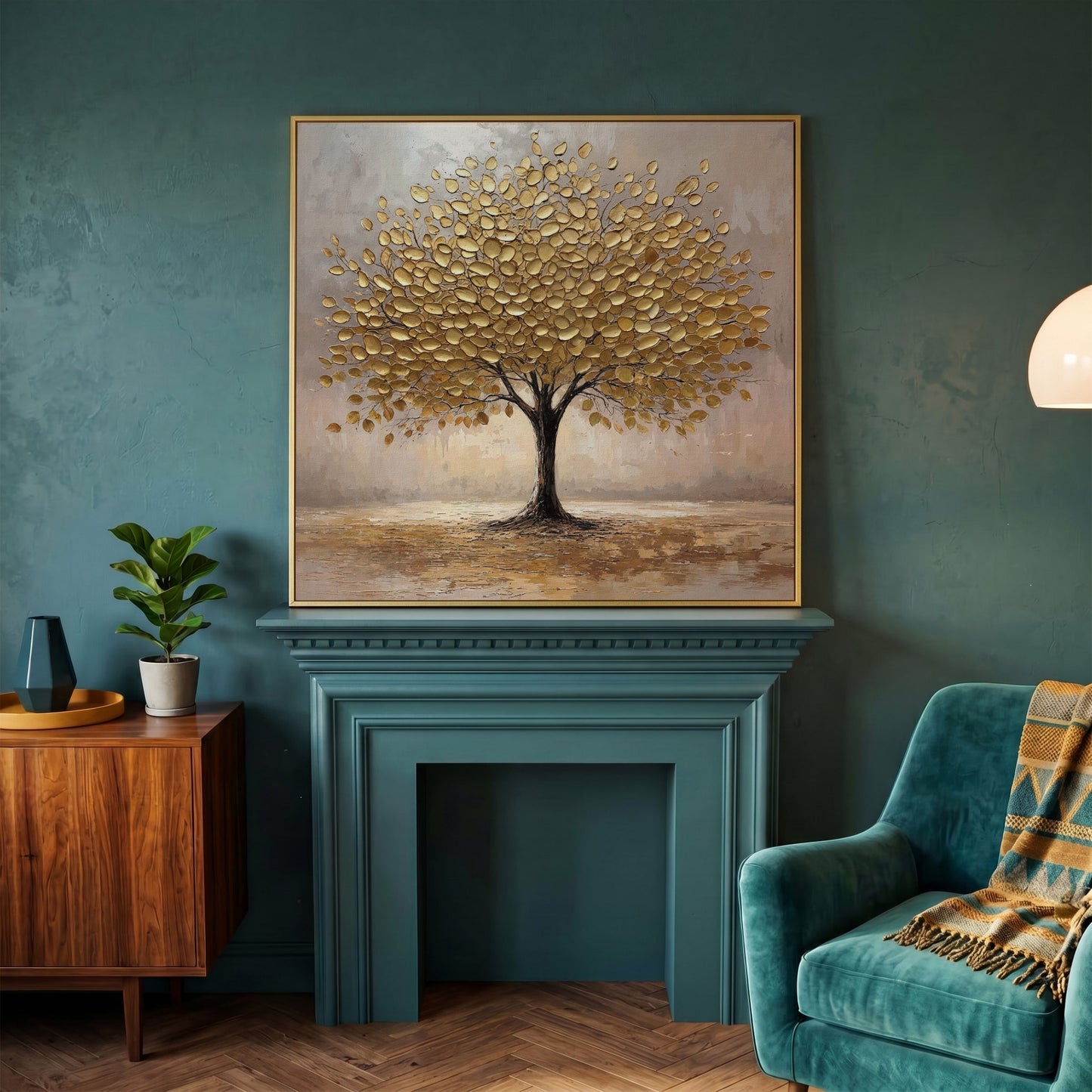 Elegant Tree with Golden Leaves Canvas in yellow gold floating frame