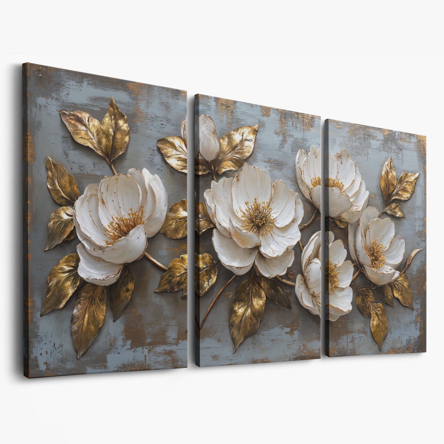 White Flowers and Gold Leaves Canvas as 3-panel split version