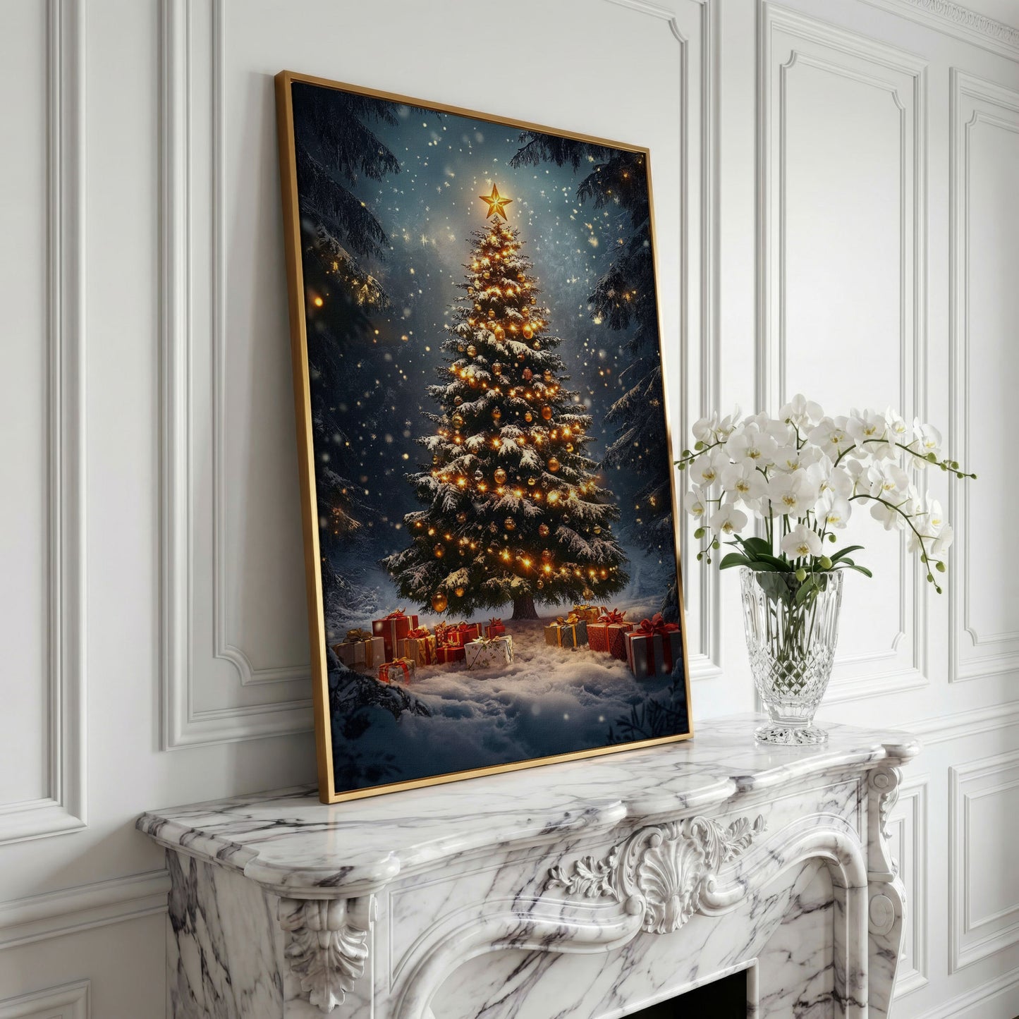 Winter Christmas Tree Canvas Print with Snow Forest in yellow gold floating frame
