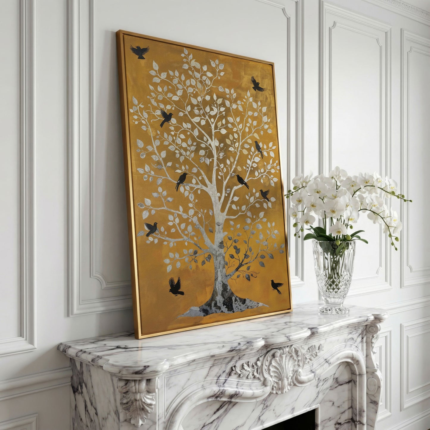 Tree of Life with Birds Canvas Print in Silver and Mustard in yellow gold floating frame