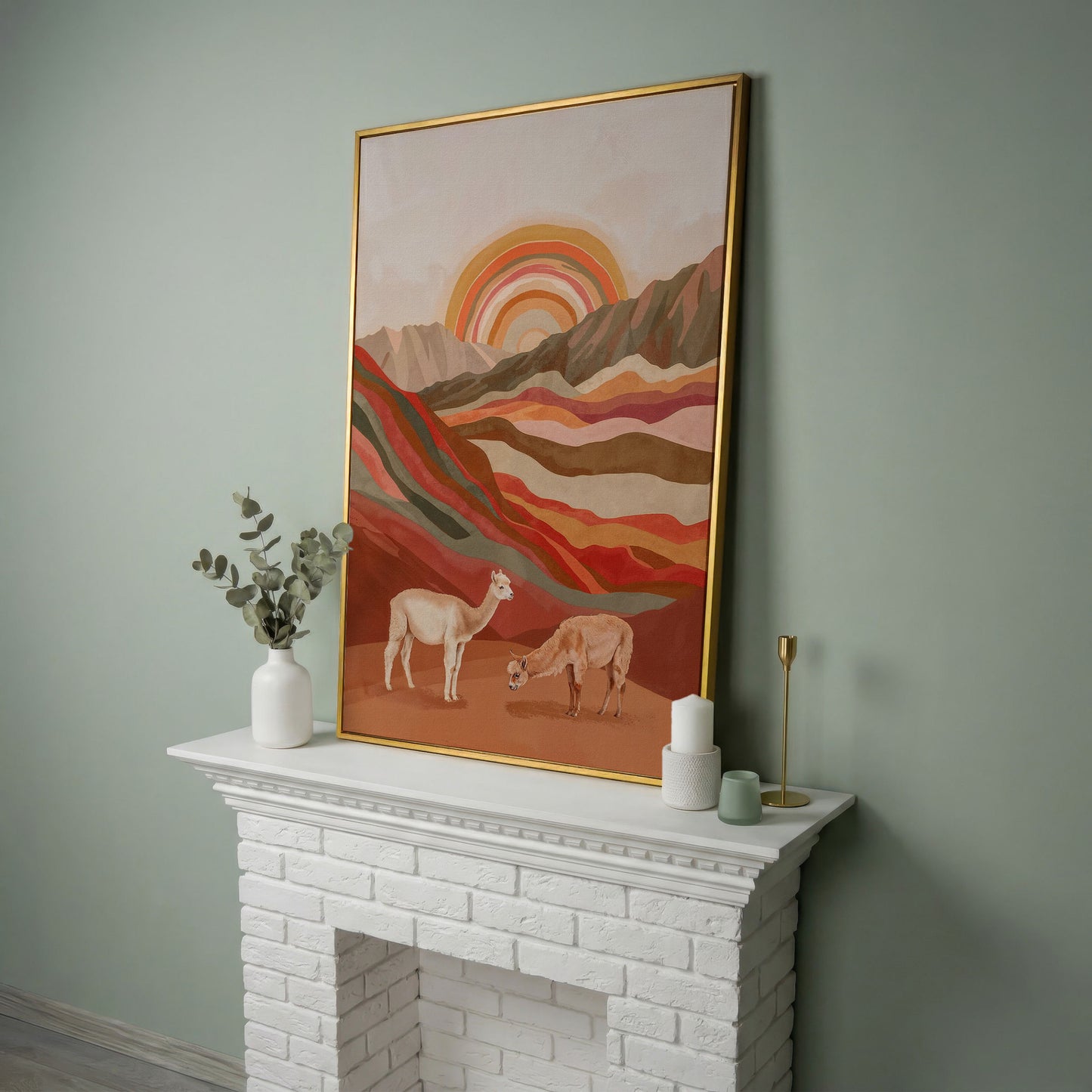Majestic Alpacas in Boho Landscape Canvas in yellow gold floating frame
