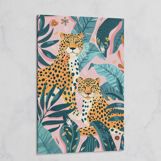 Cheetah Duo in Jungle Leaves Canvas Print on gallery wrap
