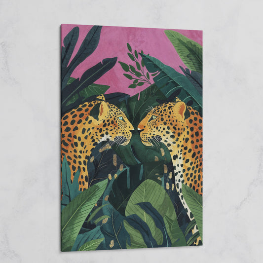Jungle Leopard Pair Canvas Print with Tropical Leaves on gallery wrap