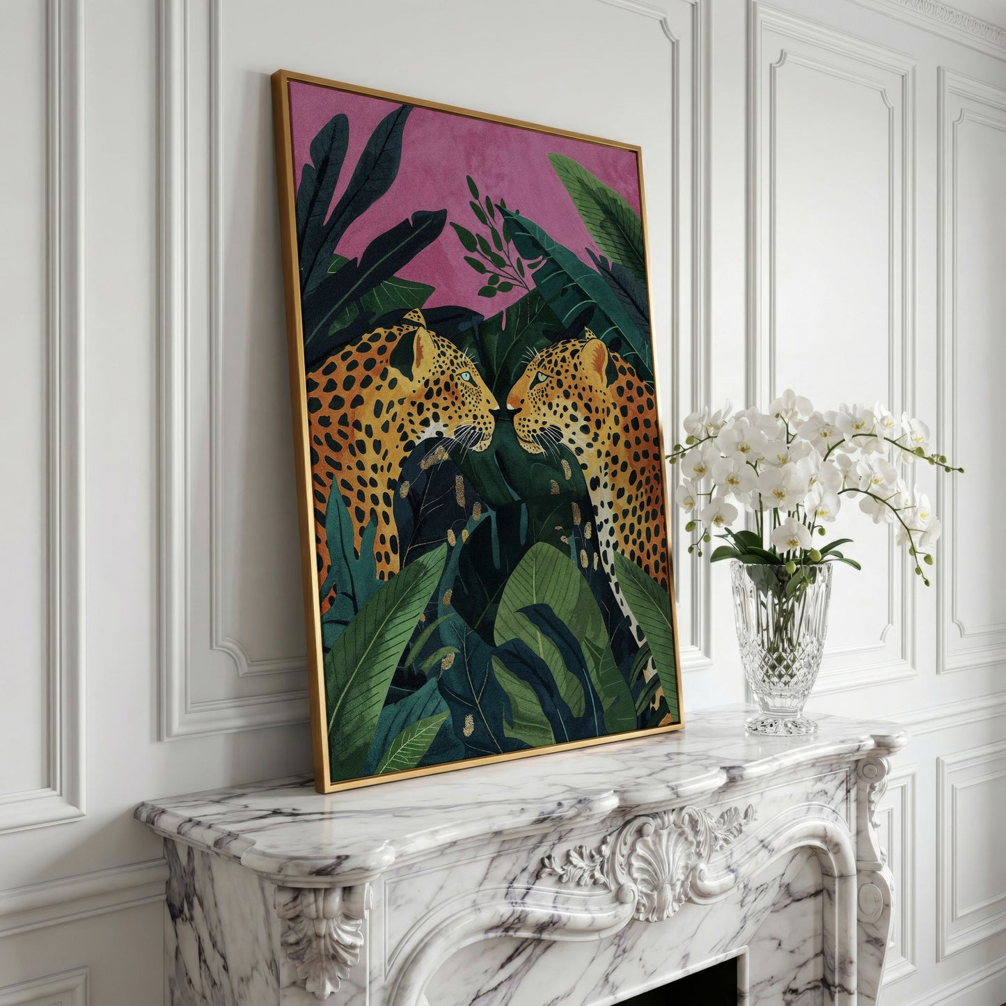 Jungle Leopard Pair Canvas Print with Tropical Leaves in yellow gold floating frame