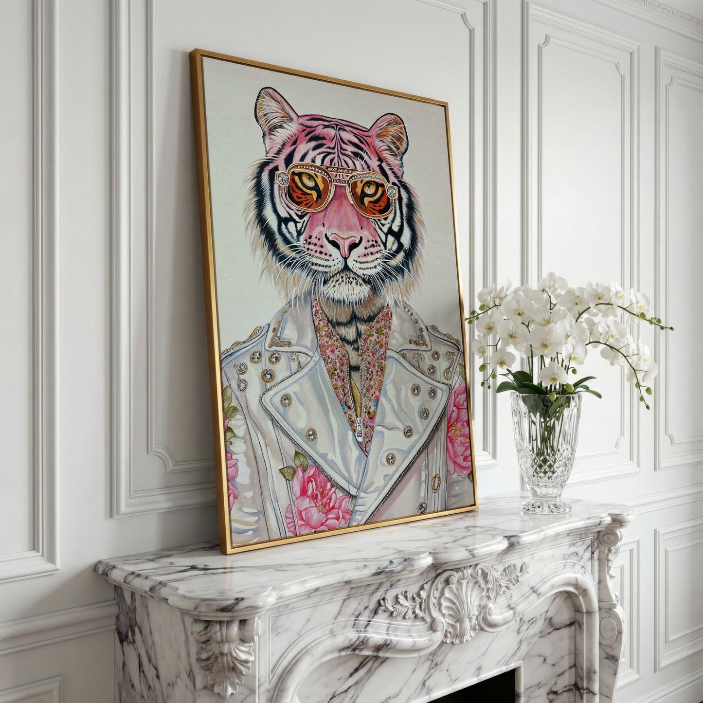 Stylish Pink Tiger with Sunglasses Canvas in yellow gold floating frame