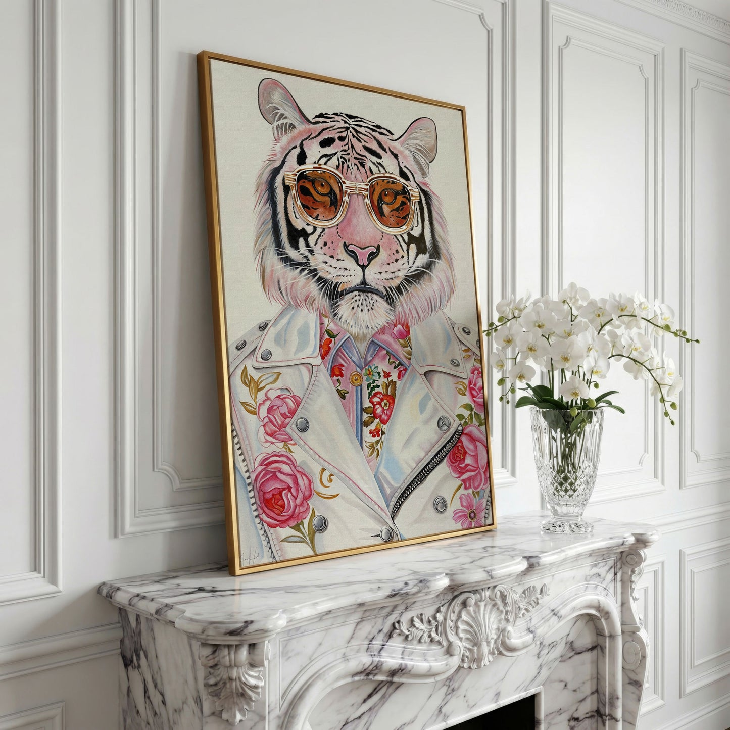 Fashion Tiger in Sunglasses Canvas in yellow gold floating frame