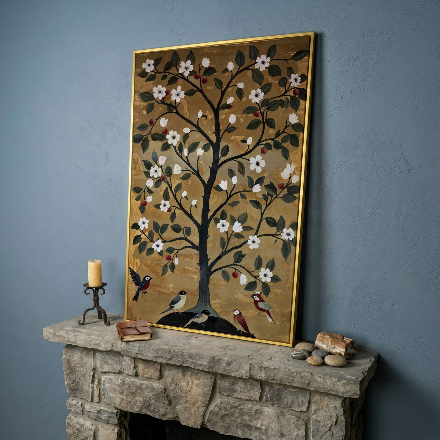 Tree of Life with Birds Canvas Print in yellow gold floating frame