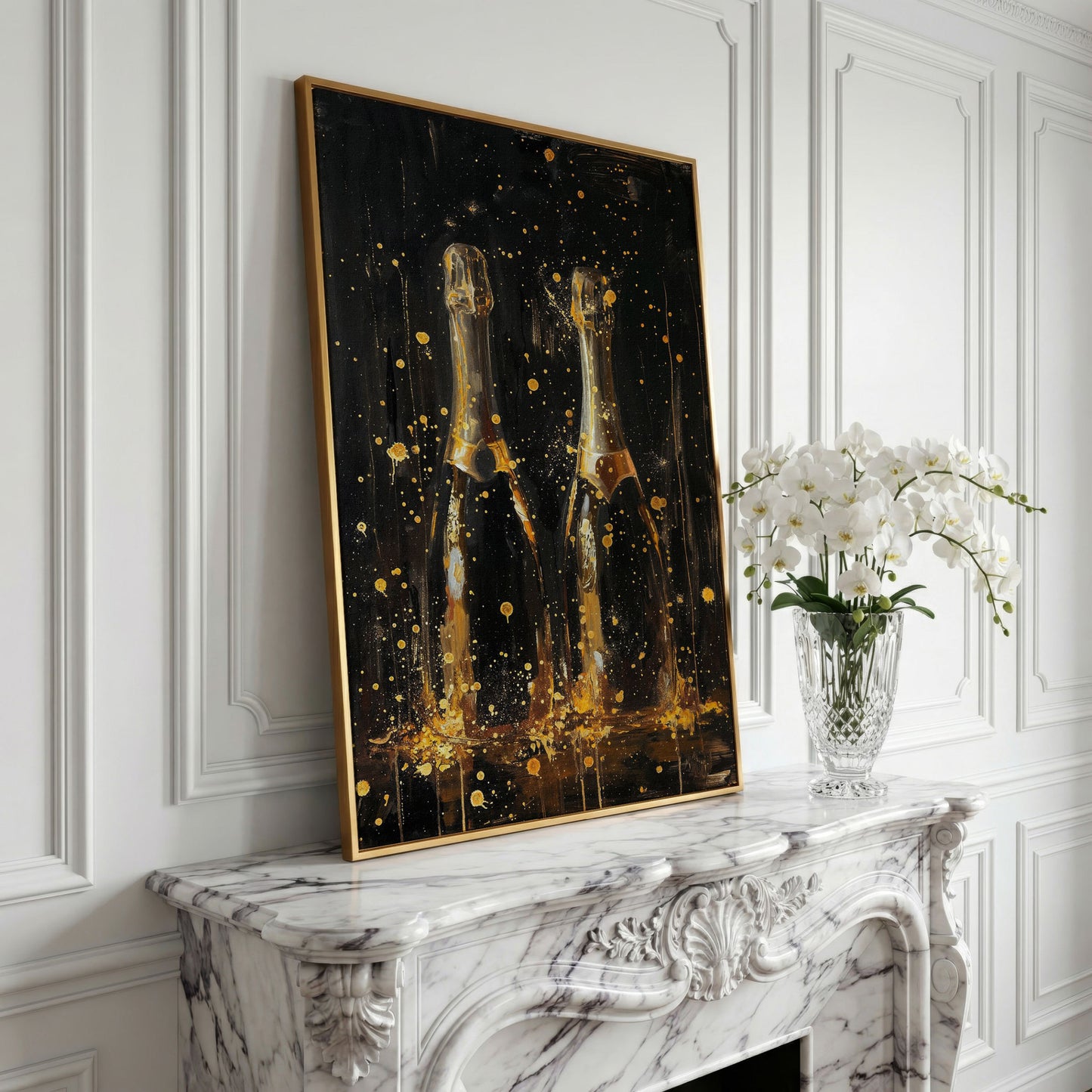 Champagne Celebration Gold Splatter Canvas in yellow gold floating frame