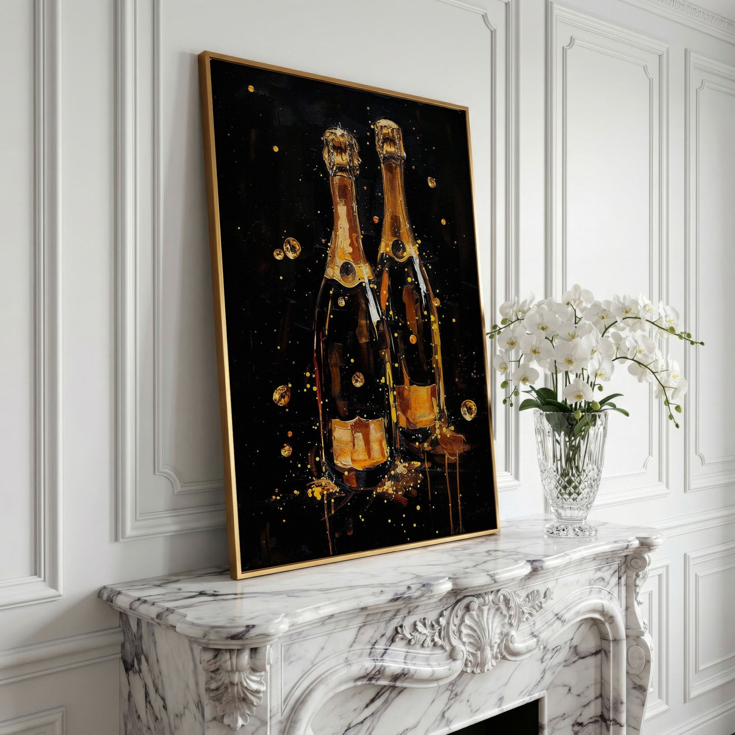 Champagne Bottles & Gold Bubbles Canvas in yellow gold floating frame