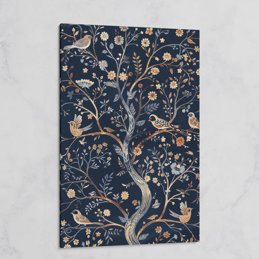 Boho Birds on Flower Tree Canvas Print on gallery wrap