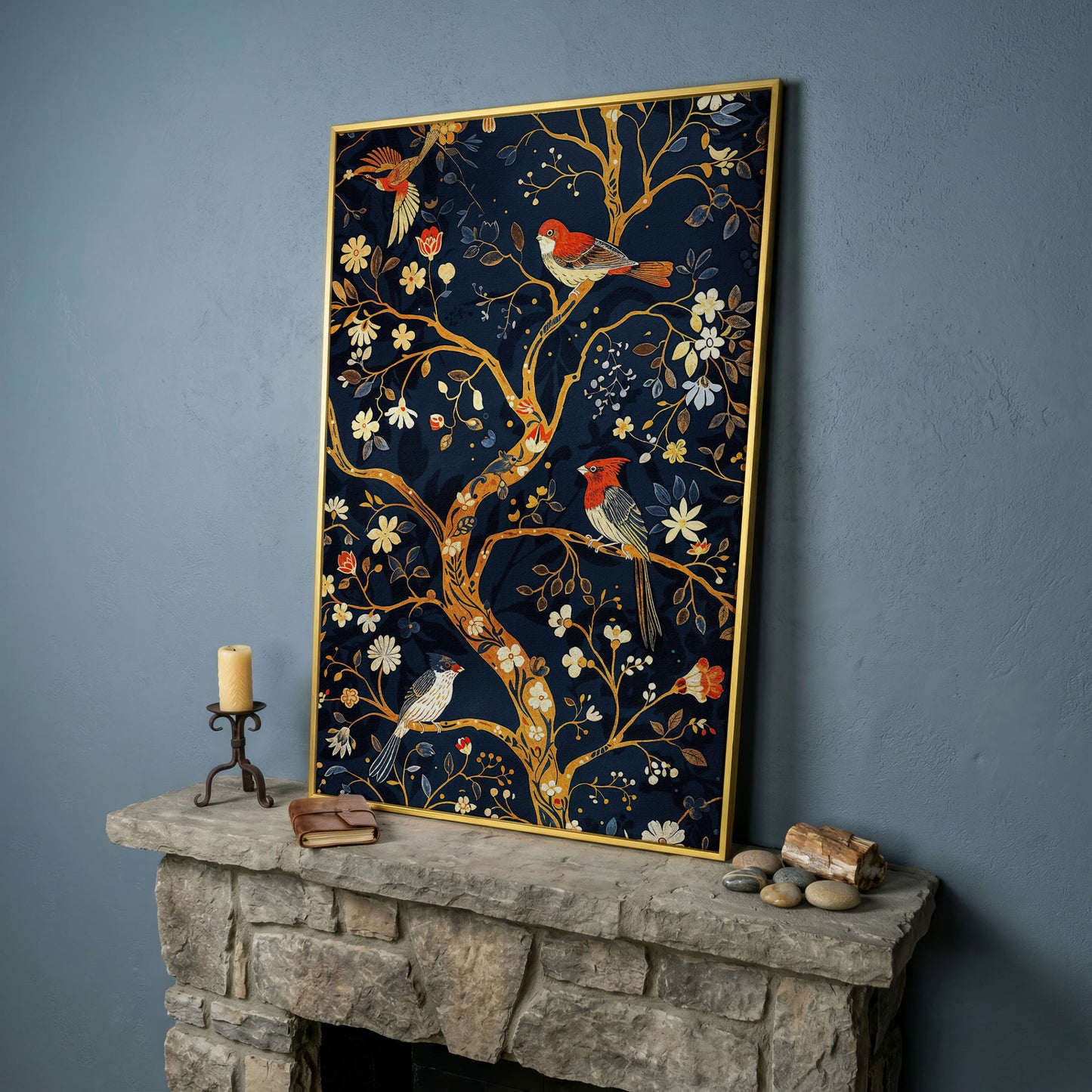 Flower Tree of Life with Birds Canvas Print in yellow gold floating frame
