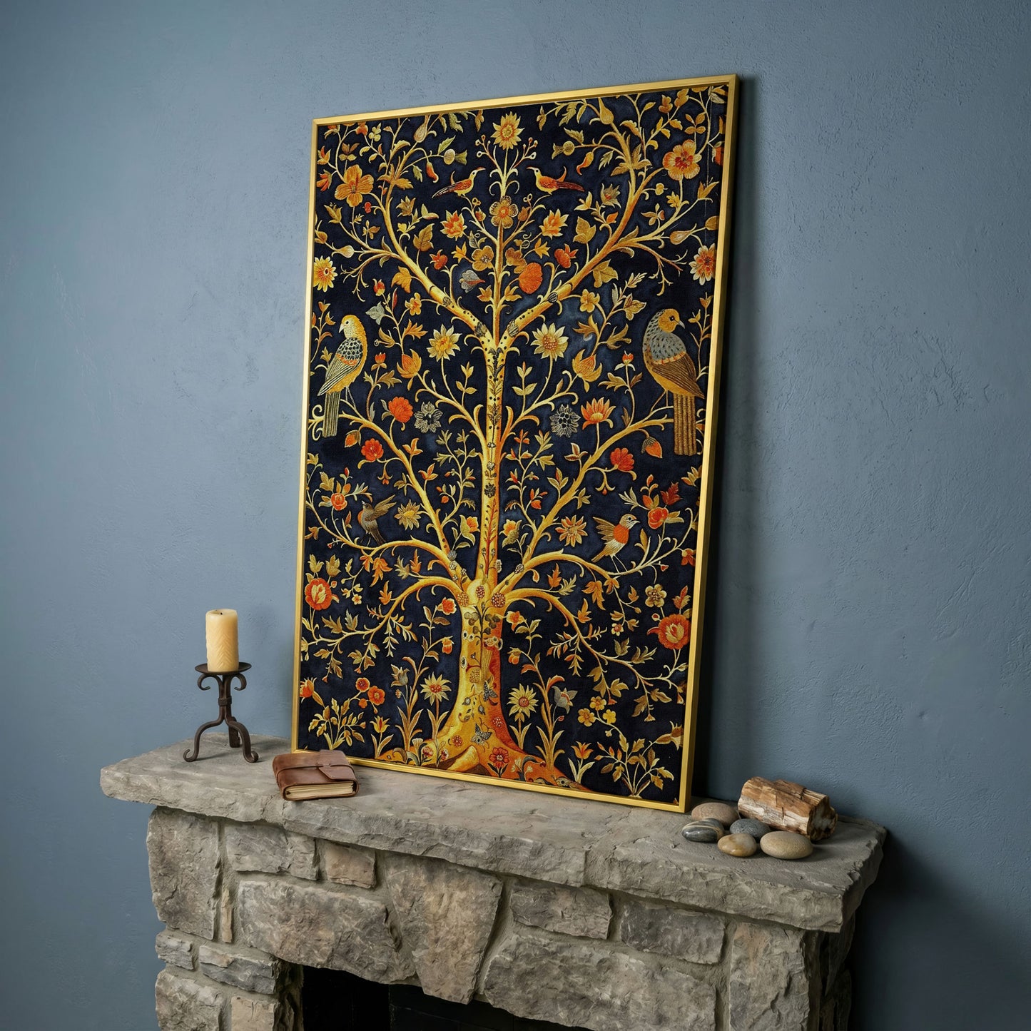 Tree of Life with Birds and Flowers Canvas in yellow gold floating frame