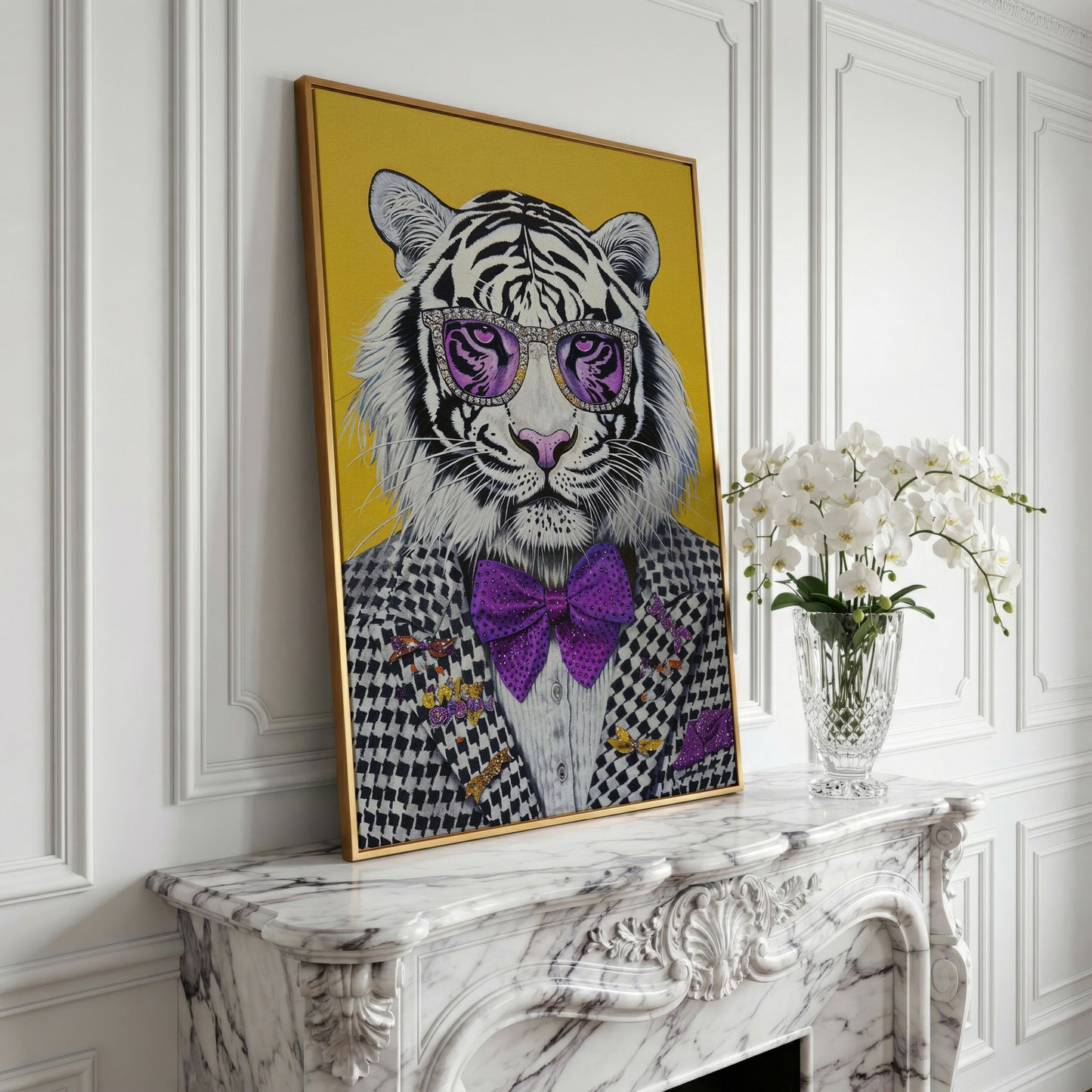 Fashion Tiger in Suit Canvas Print in yellow gold floating frame