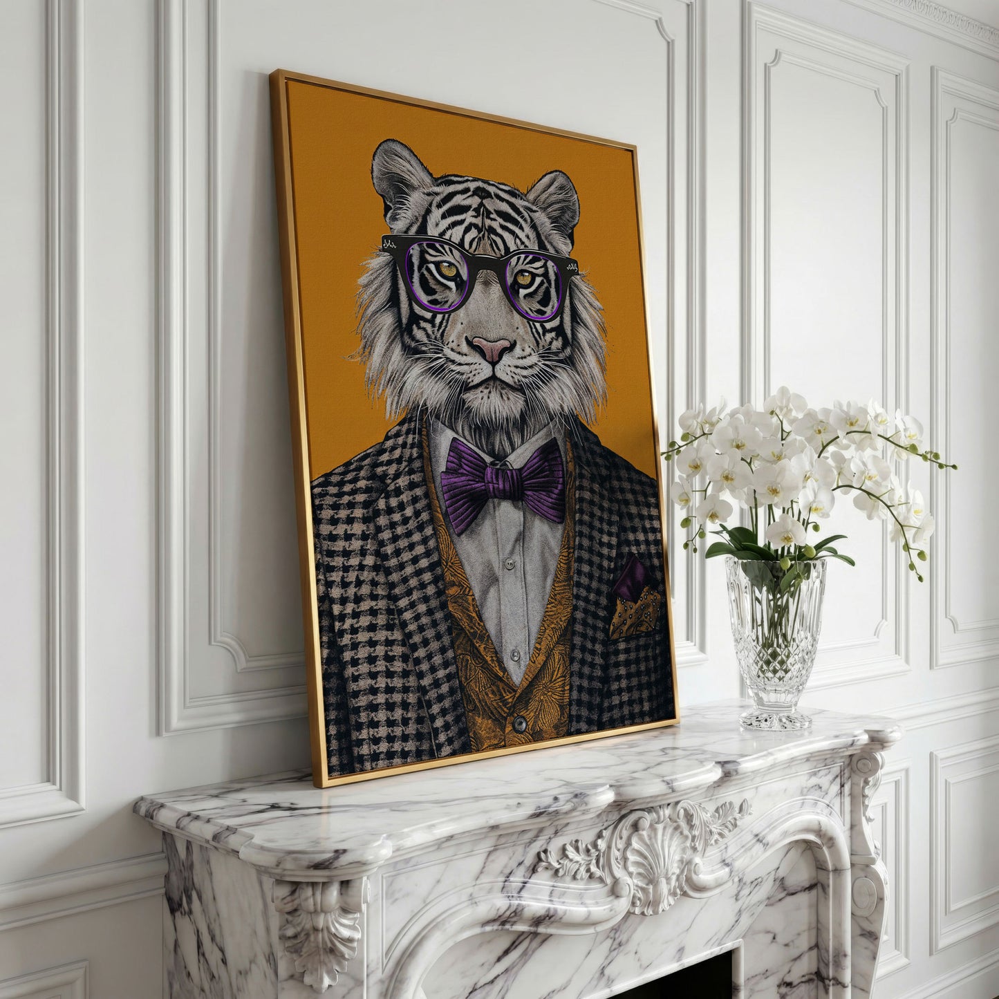 Fashionable Tiger in Glasses Canvas Print in yellow gold floating frame