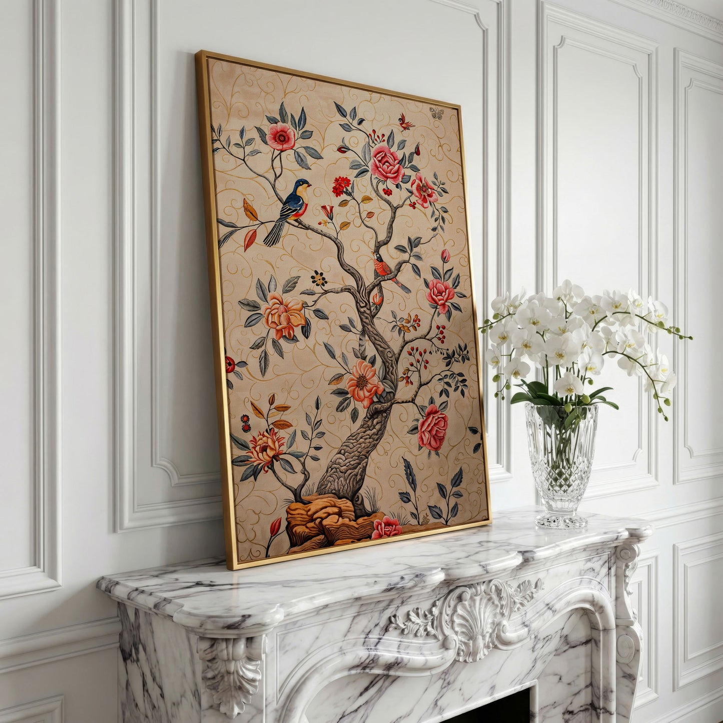Bird on Blooming Branch Canvas in Dusty Rose in yellow gold floating frame