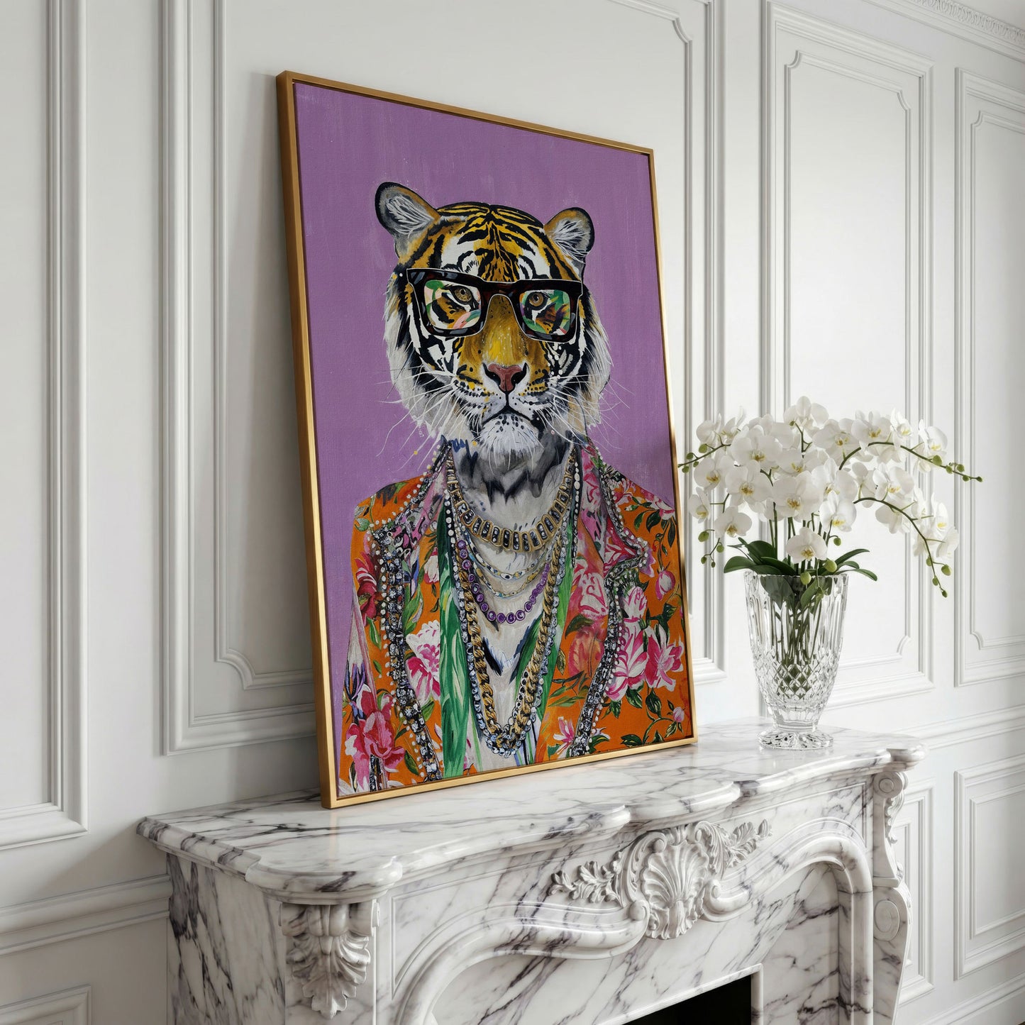 Anthropomorphic Tiger in Floral Shirt Canvas in yellow gold floating frame