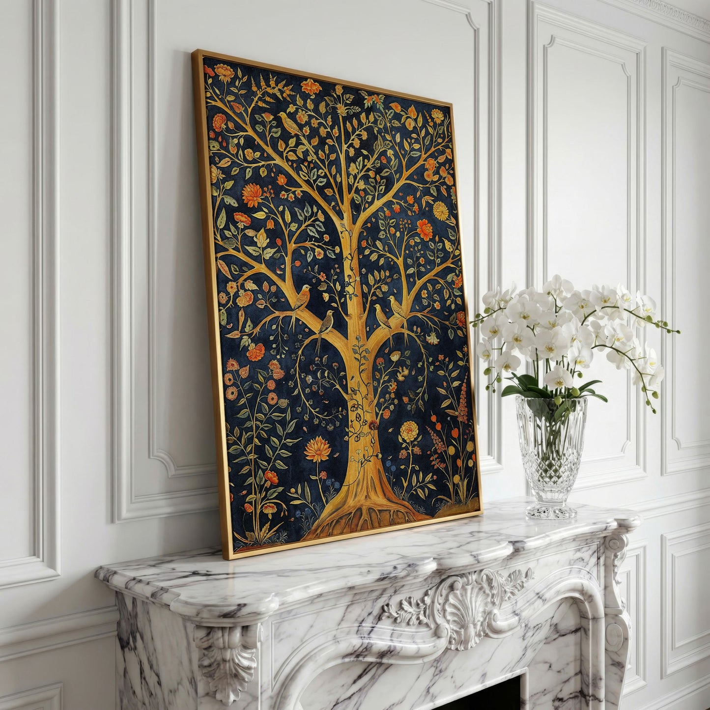 Tree of Life with Birds Canvas in yellow gold floating frame