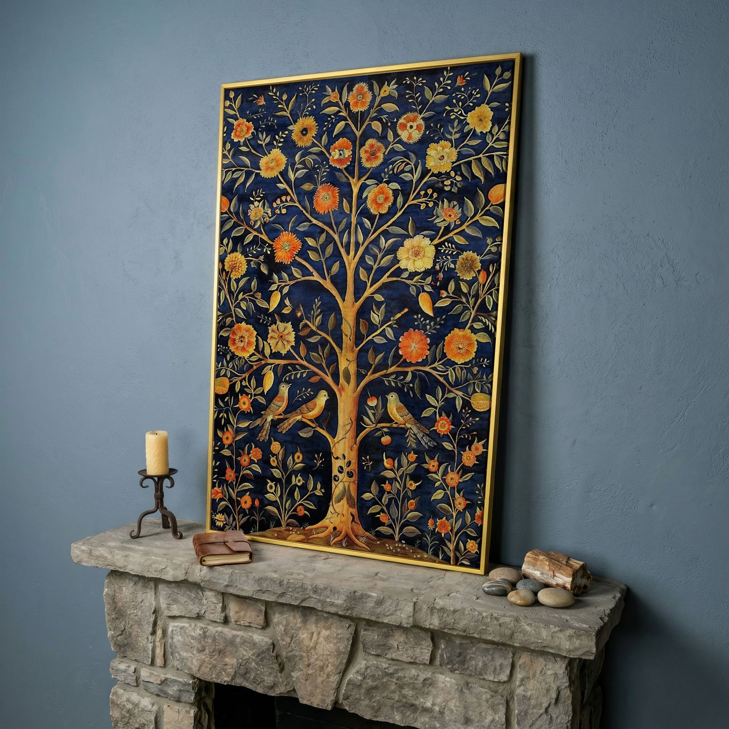 Tree of Life with Birds and Fruit Canvas Print in yellow gold floating frame