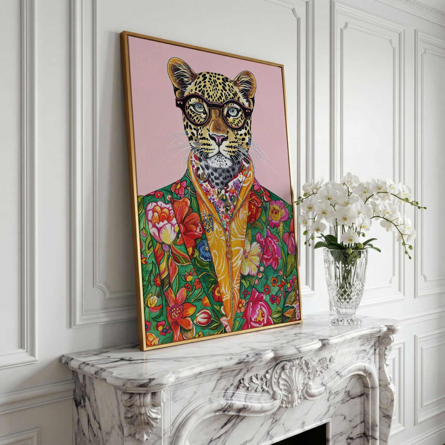 Quirky Leopard in Floral Suit Canvas Print in yellow gold floating frame