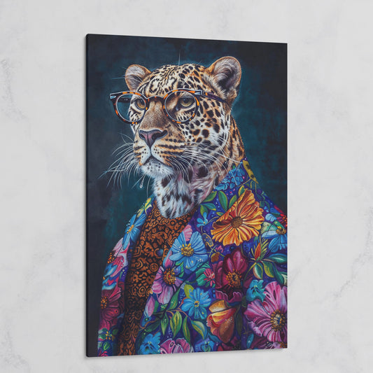 Leopard in Floral Suit Fashion Canvas on gallery wrap