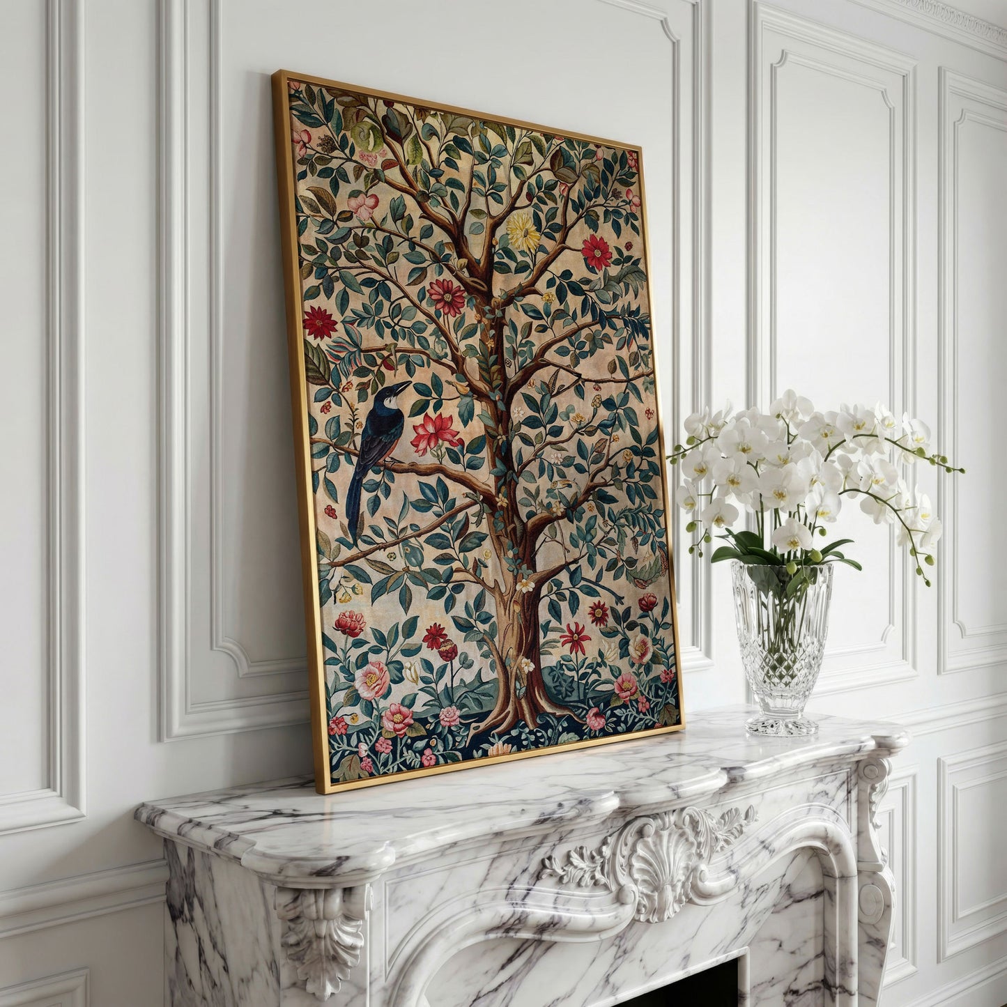 Tree of Life with Bird Canvas Art in Teal and Sienna in yellow gold floating frame