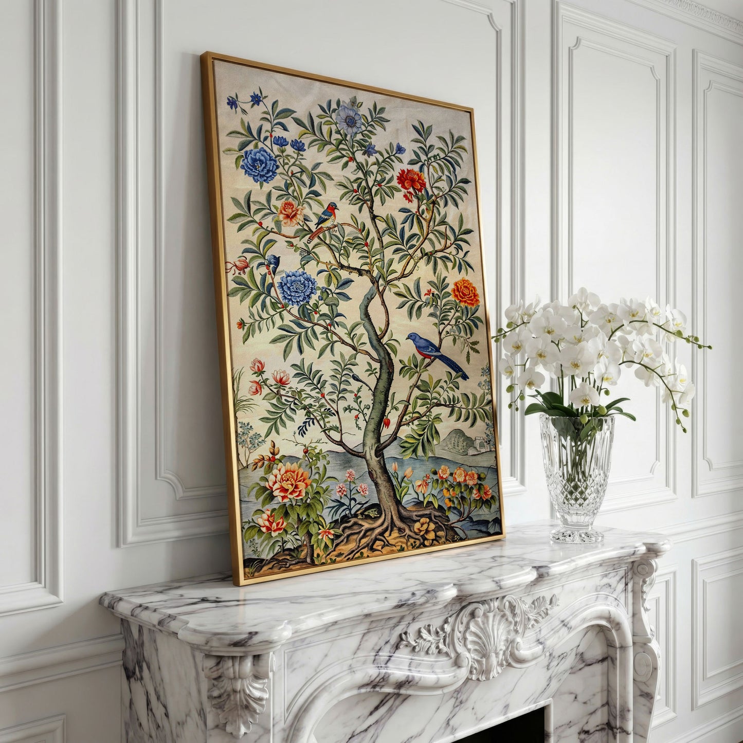 Flowering Tree with Birds Canvas Art in yellow gold floating frame
