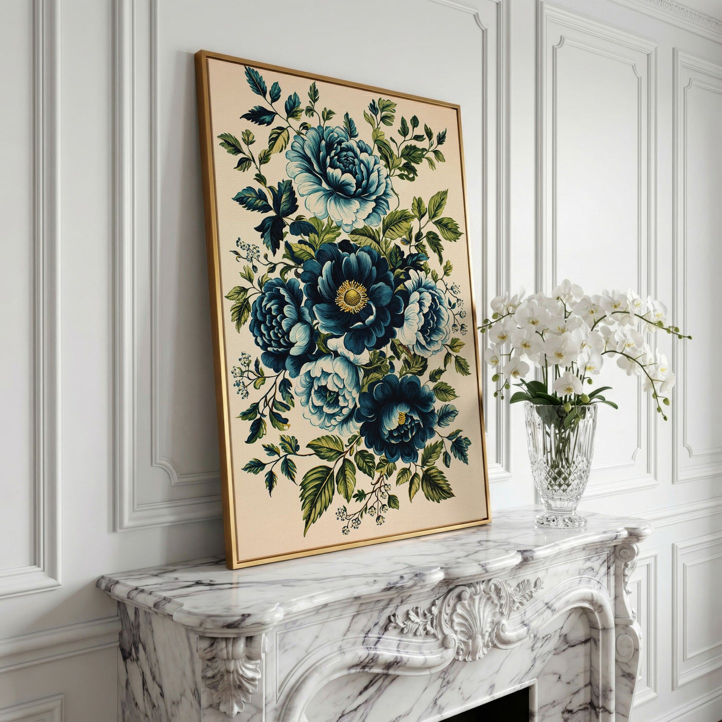 Blue Peonies & Foliage Canvas Print in yellow gold floating frame