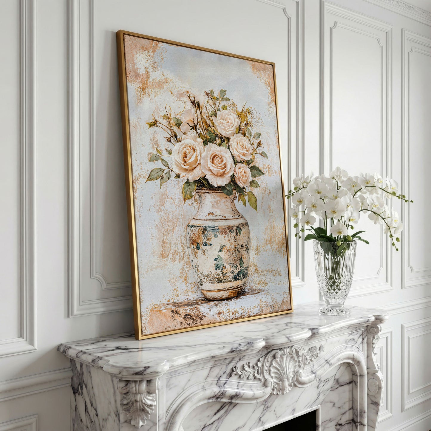 Roses in a Vase Canvas Print. Vintage Floral Still Life Wall Art in yellow gold floating frame