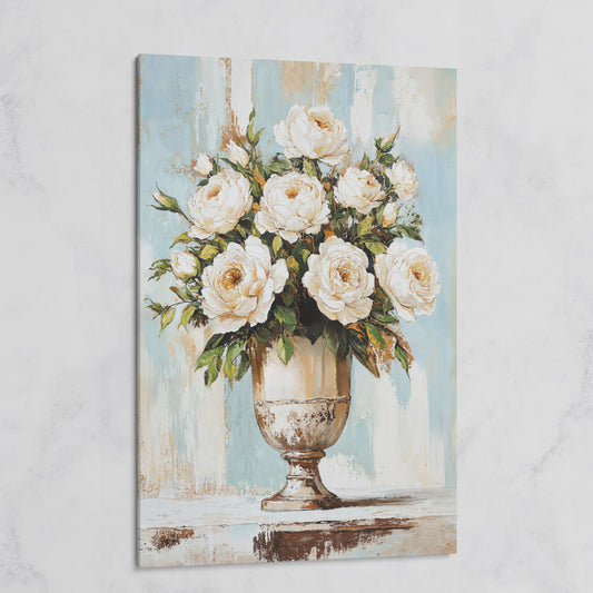 White Roses in an Ornate Vase, Floral Canvas Wall Art on gallery wrap